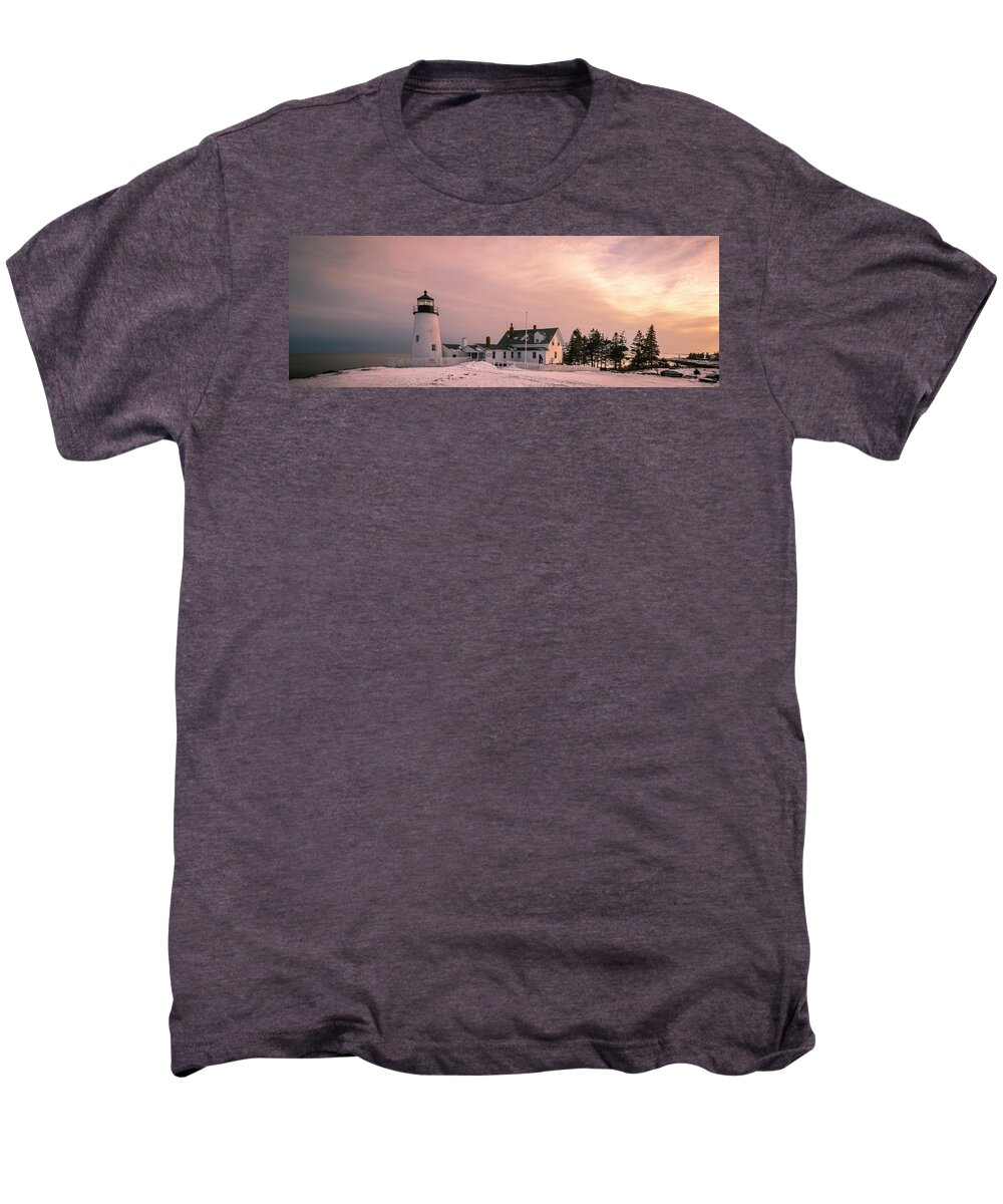 Maine Men's Premium T-Shirt featuring the photograph Maine Pemaquid Lighthouse after Winter Snow Storm by Ranjay Mitra