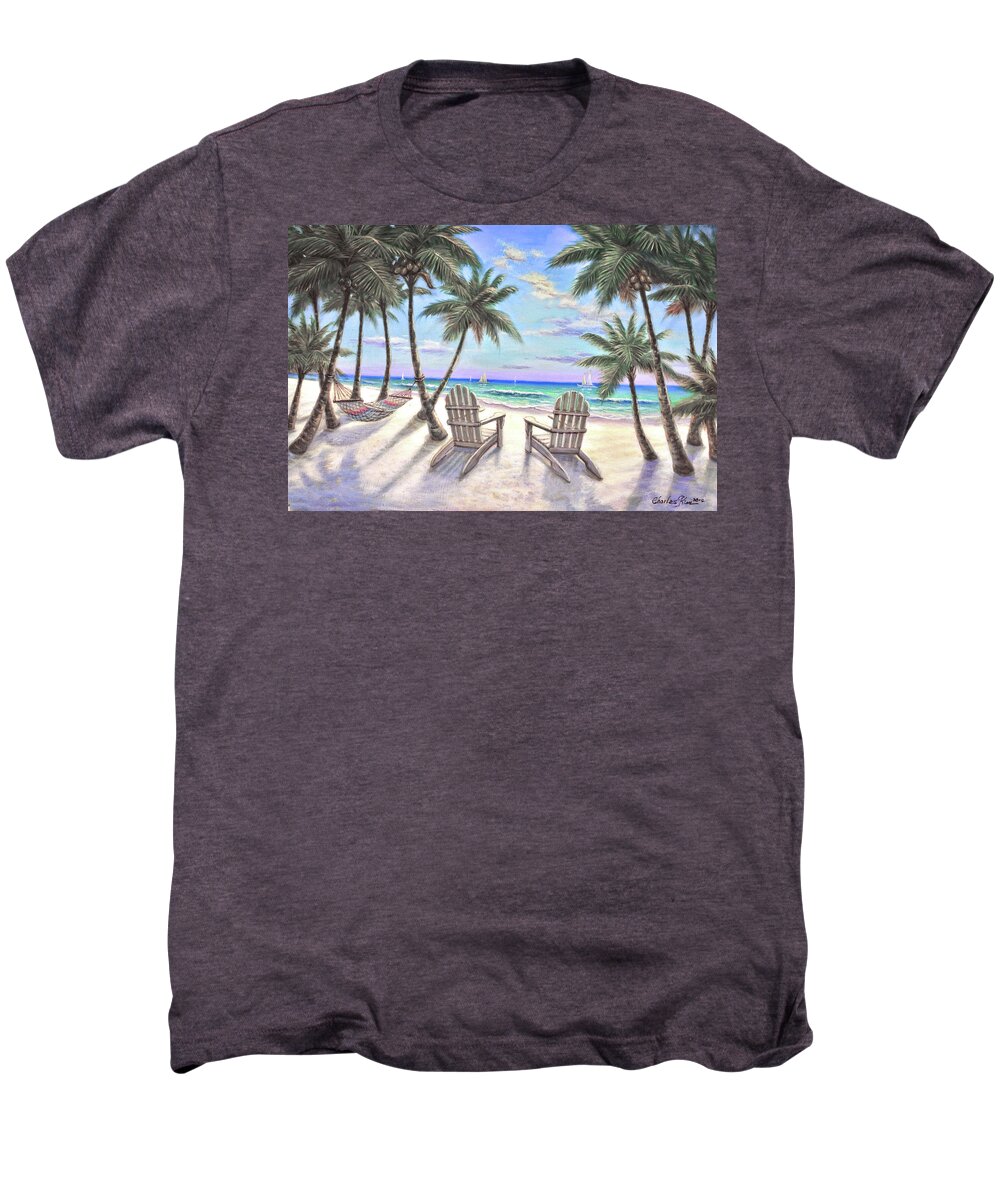 Blue Water Men's Premium T-Shirt featuring the painting Palm coast beach by Charles Kim