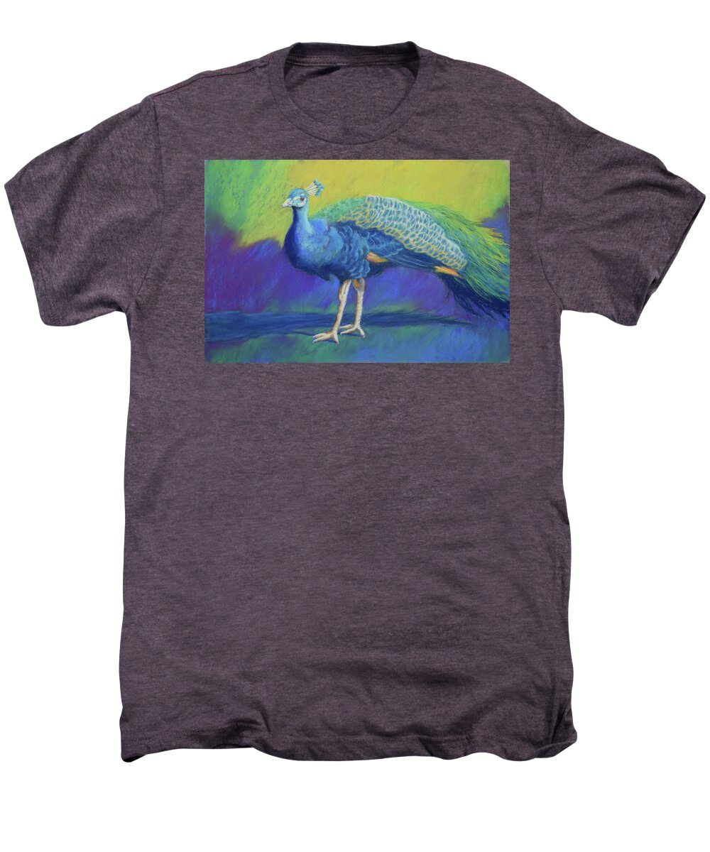 Peacock Men's Premium T-Shirt featuring the painting Show Off by Nancy Jolley