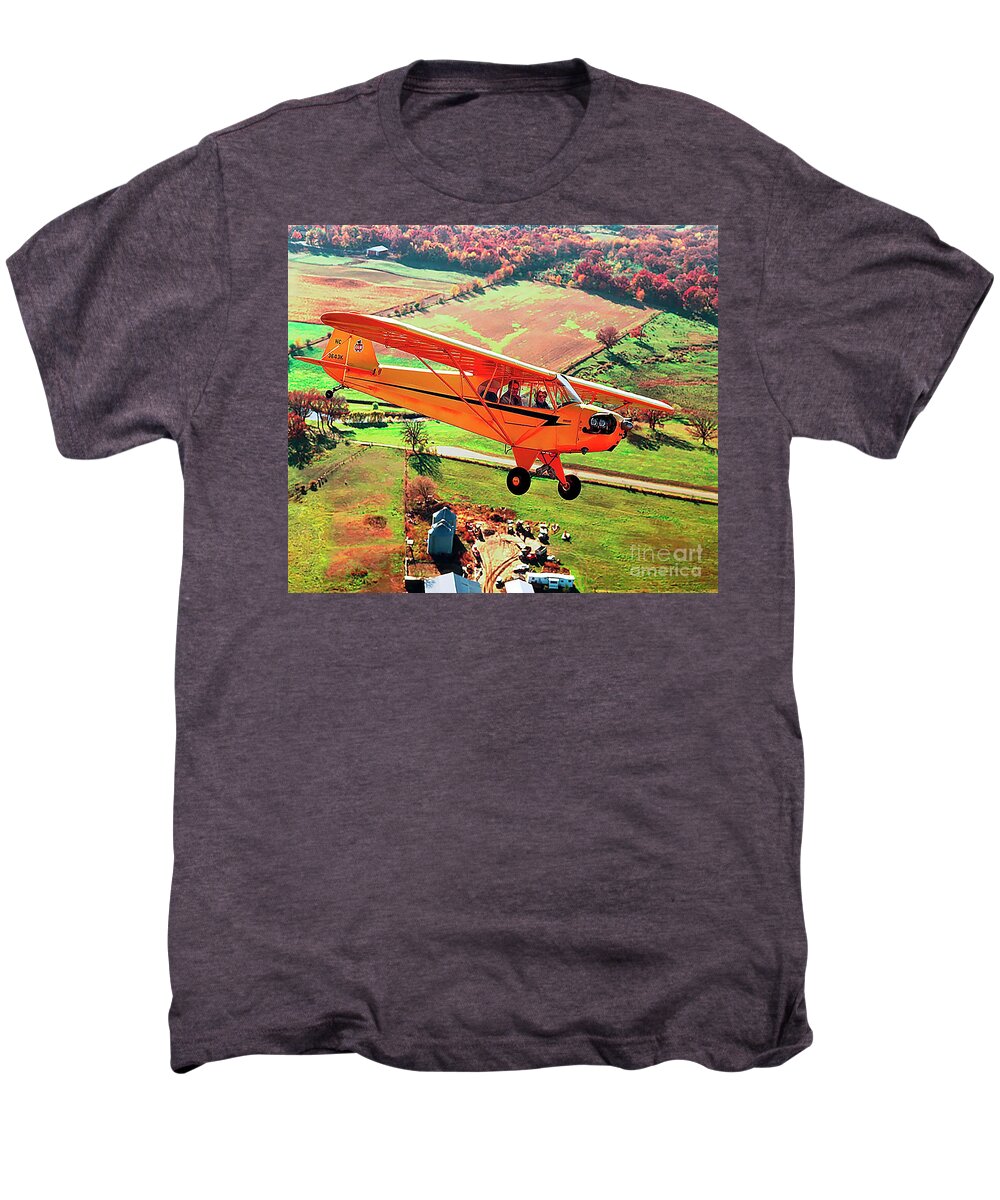 Antique Men's Premium T-Shirt featuring the photograph Antique Piper Cub J3 over Bull Valley Farms by Tom Jelen