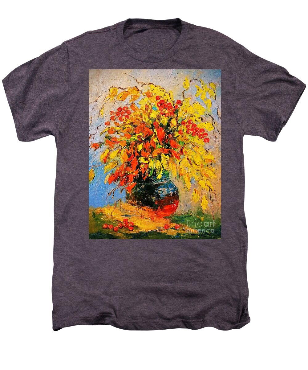 Still Life Men's Premium T-Shirt featuring the painting Autumn leaves in a vase still life by Amalia Suruceanu