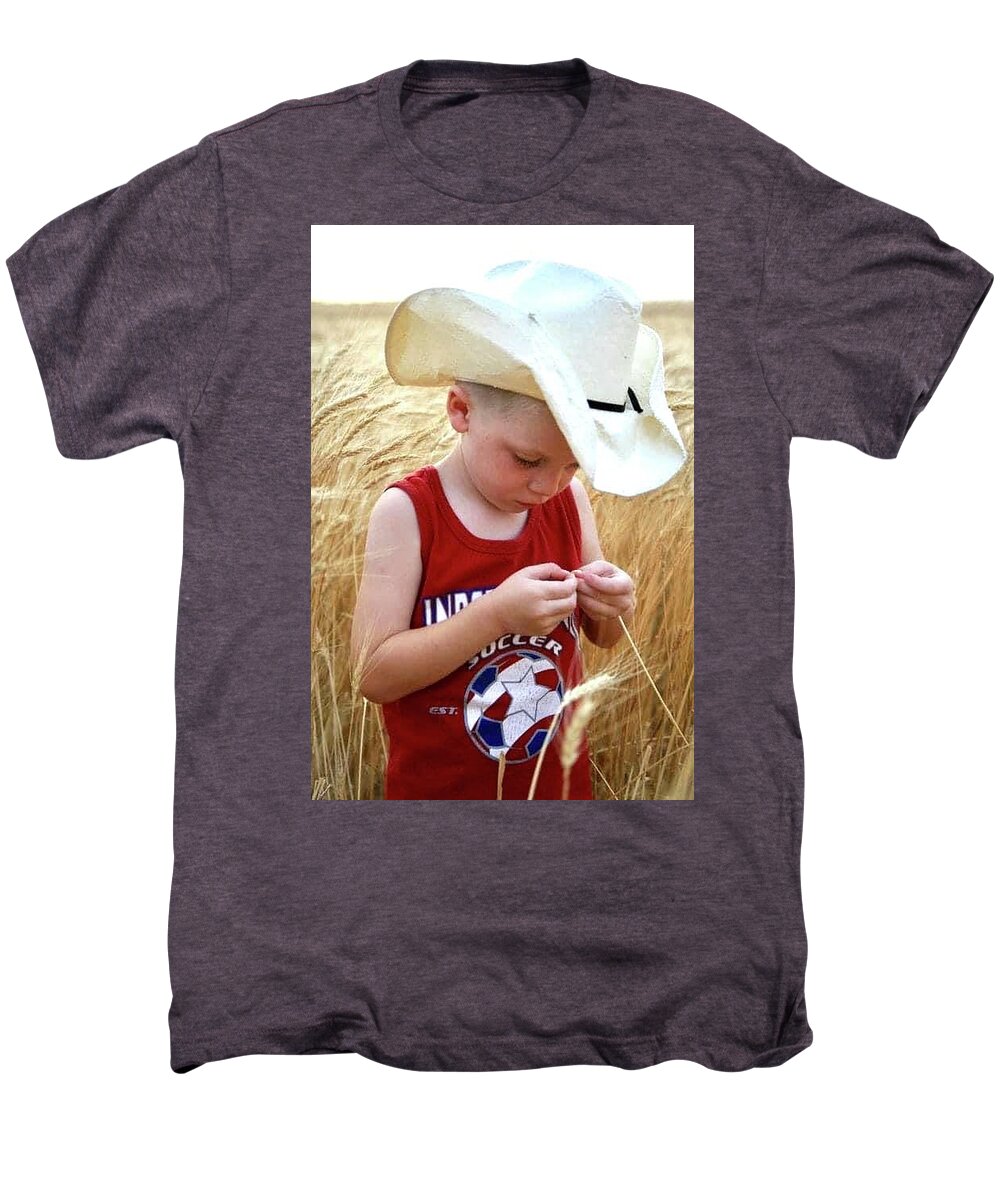 Young Boy Men's Premium T-Shirt featuring the photograph Cowboy in wheat by Shirley Heier
