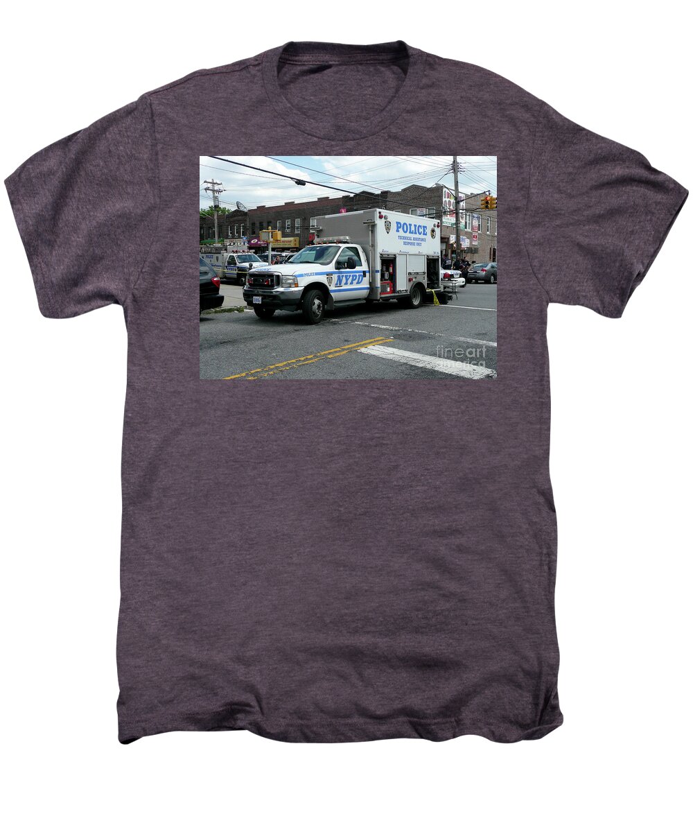 Nypd Men's Premium T-Shirt featuring the photograph NYPD, Hostage, Emergency Service, ESS, ESU, REP, Truck, Barricaded, Guns, Weapons, Robbery, GUNS, We by Steven Spak