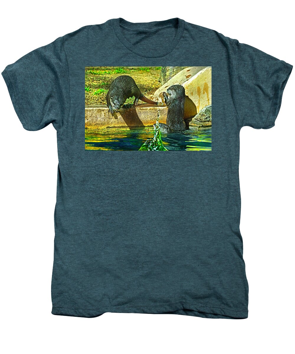 Tarongah Western Plains Zoo Men's Premium T-Shirt featuring the photograph Otters Splash by Miroslava Jurcik