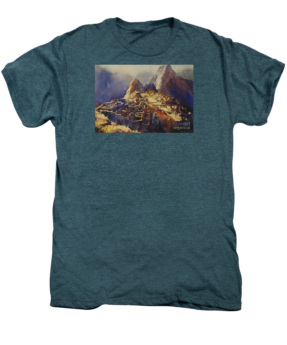 Machu Picchu Men's Premium T-Shirt featuring the painting Watercolor painting Machu Picchu Peru #2 by Ryan Fox