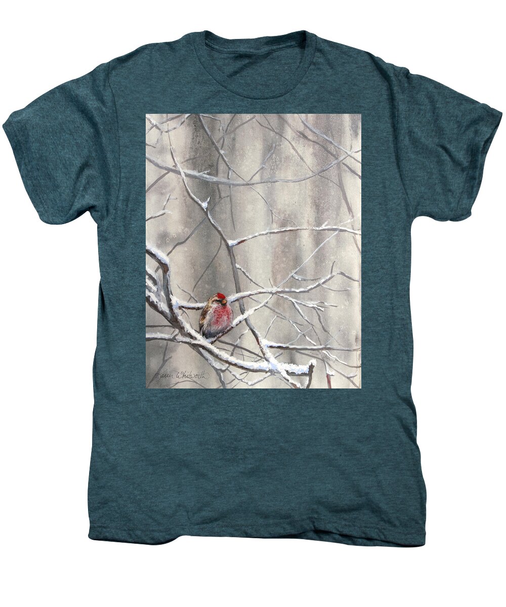 Bird Art Men's Premium T-Shirt featuring the painting Eyeing The Feeder Alaskan Redpoll In Winter by K Whitworth