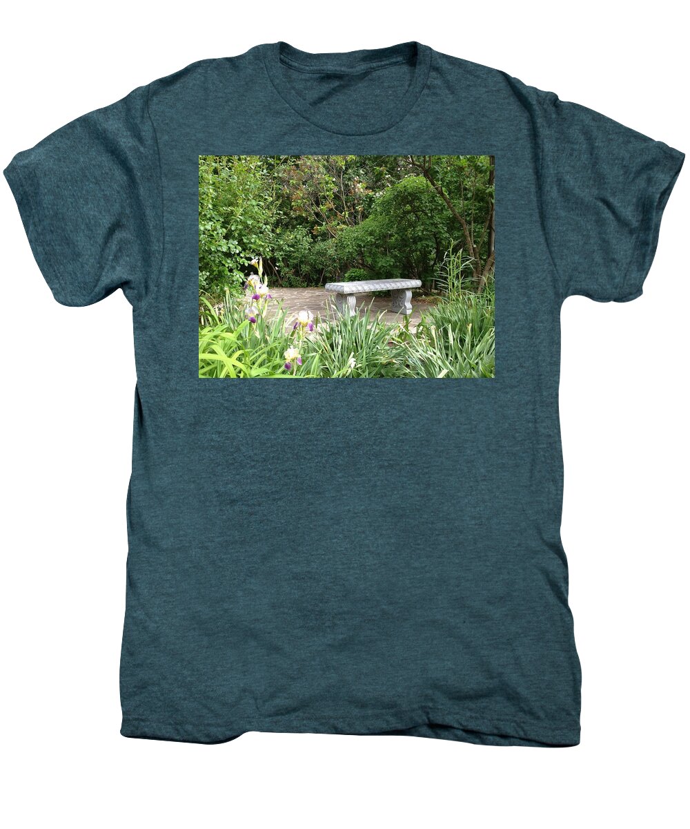 Bench Men's Premium T-Shirt featuring the photograph Garden Bench by Pema Hou