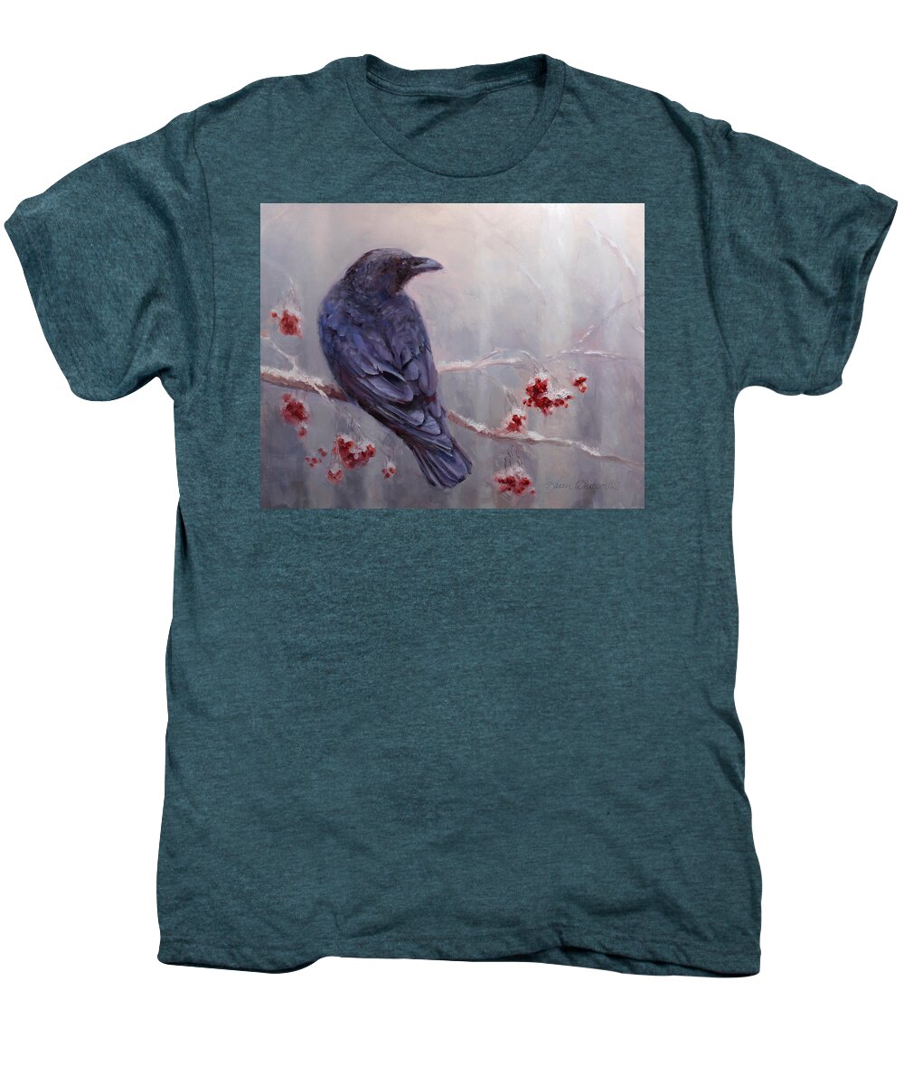 Winter Men's Premium T-Shirt featuring the painting Raven in the Stillness - Black bird or crow resting in winter forest by K Whitworth