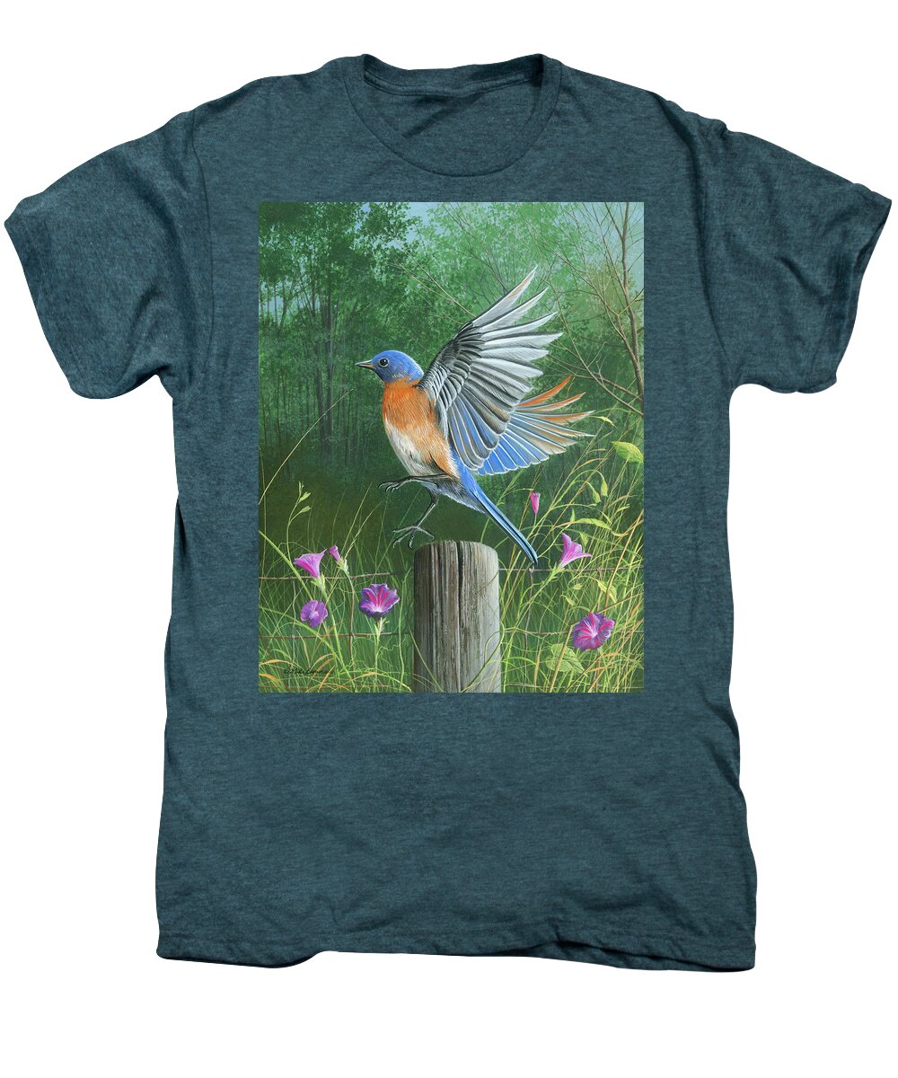 Blue Bird Men's Premium T-Shirt featuring the painting Shades of Blue by Mike Brown