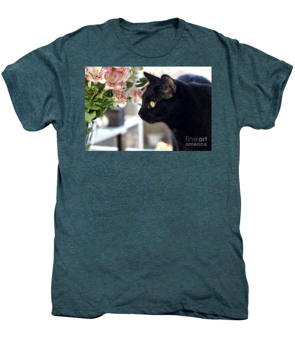 Black Cat Men's Premium T-Shirt featuring the photograph Take Time To Smell The Flowers by Peggy Hughes