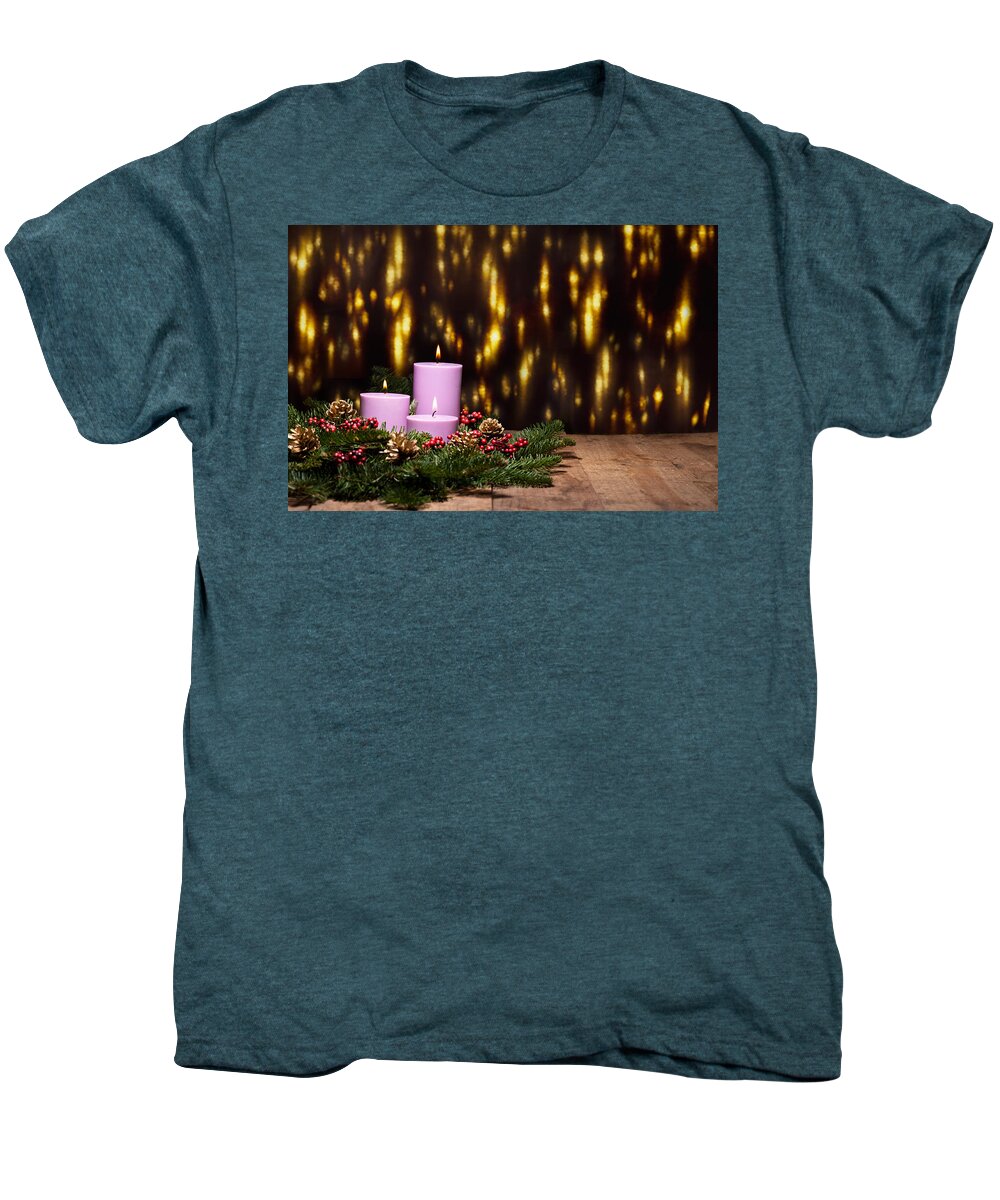 Holly Men's Premium T-Shirt featuring the photograph Three candles in an advent flower arrangement by U Schade