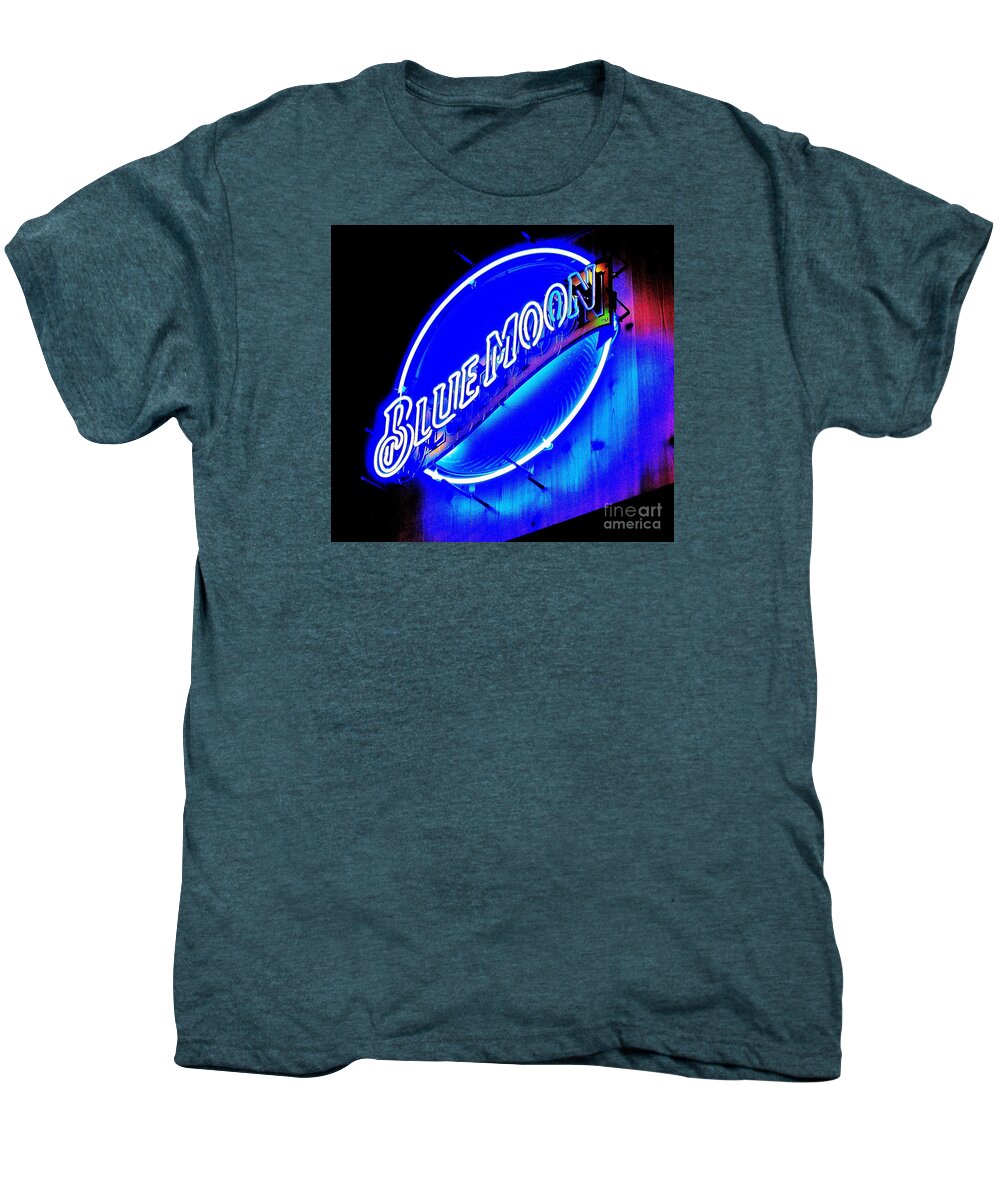 Neon Signs Men's Premium T-Shirt featuring the photograph Blue Moo Neon Blue Horseshoe by John King I I I