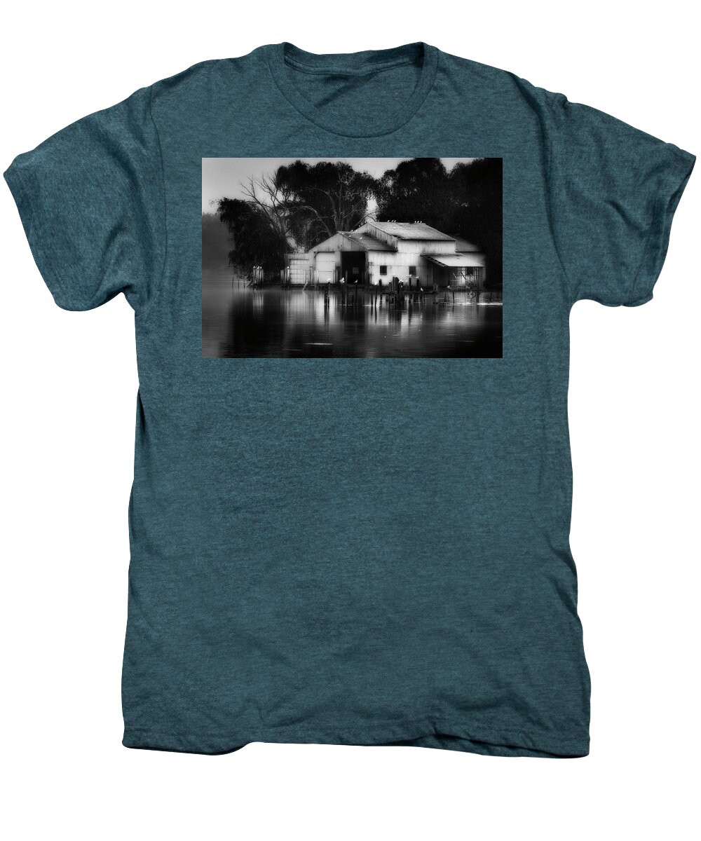 Watkins Glen Men's Premium T-Shirt featuring the photograph Boathouse bw by Bill Wakeley