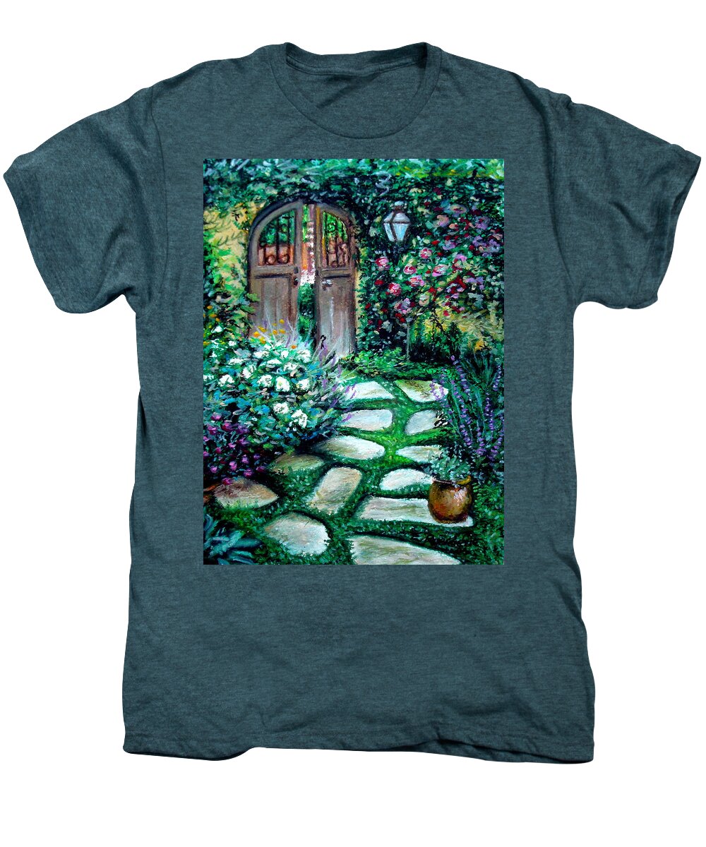 Landscape Men's Premium T-Shirt featuring the pastel Cottage Gates by Elizabeth Robinette Tyndall