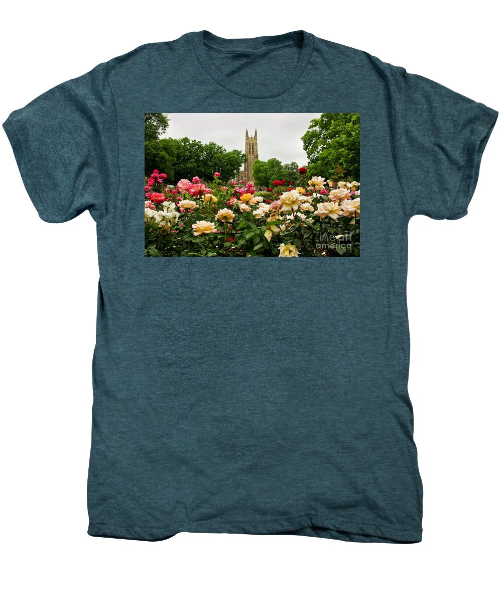 Duke Chapel Men's Premium T-Shirt featuring the photograph Duke Chapel and Roses by Jill Lang