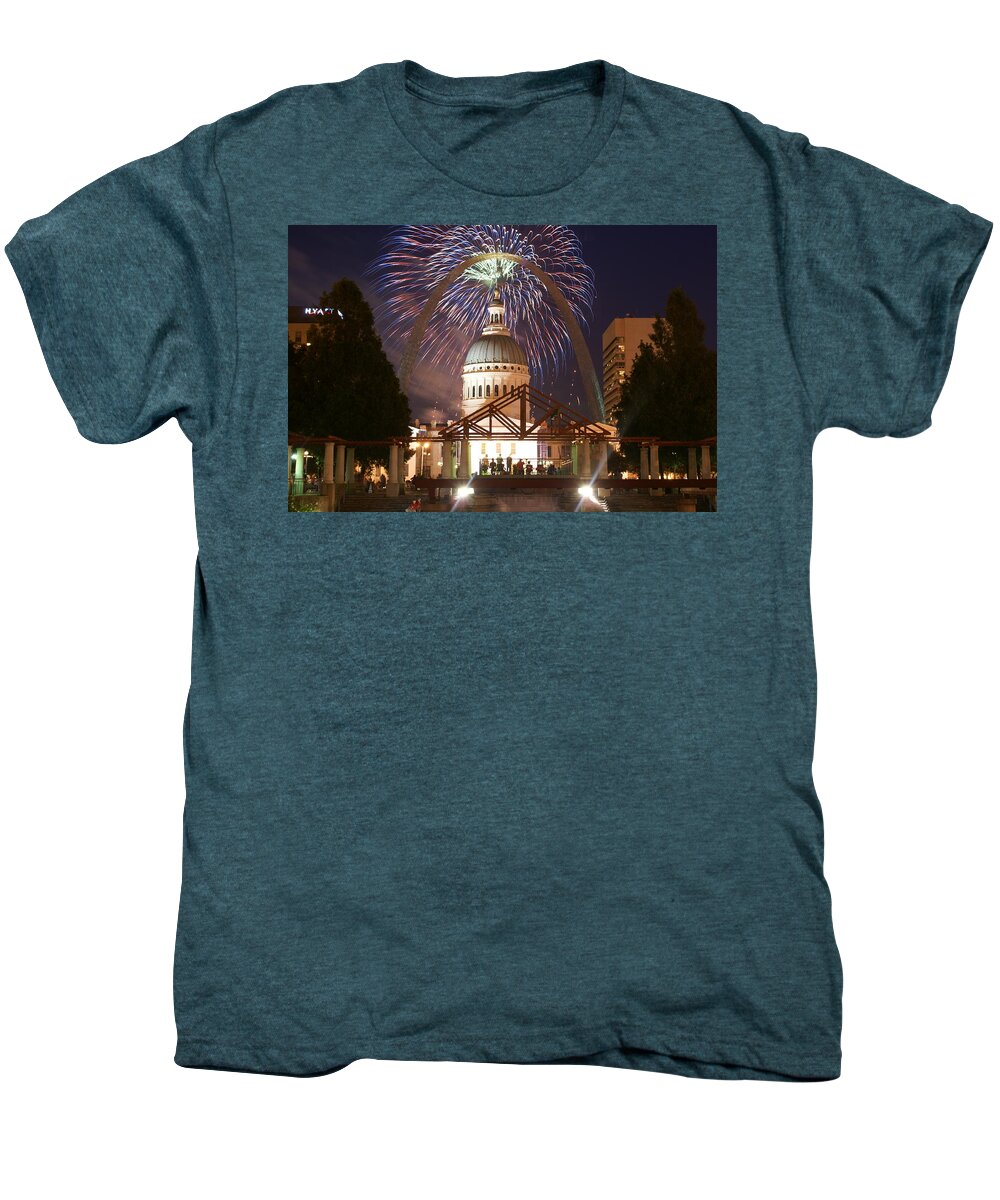 Saint Louis Men's Premium T-Shirt featuring the glass art Fireworks at the Arch 1 by Marty Koch