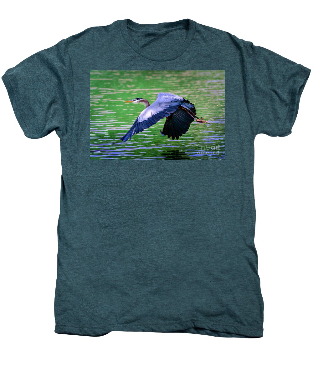 Tamyra Men's Premium T-Shirt featuring the photograph Heron in Flight at Honor Heights Park by Tamyra Ayles