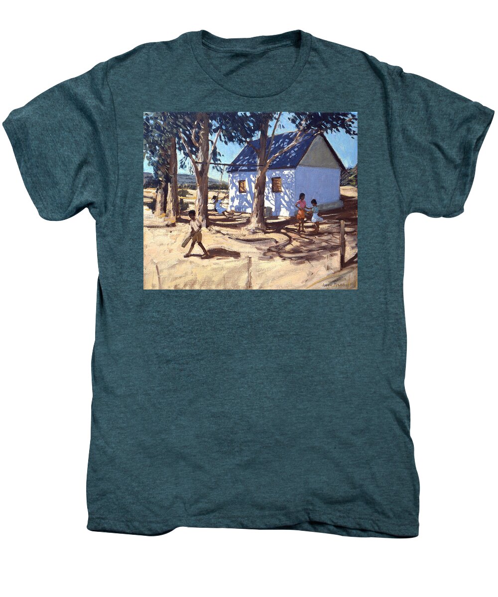 African Landscape Men's Premium T-Shirt featuring the painting Little white house Karoo South Africa by Andrew Macara