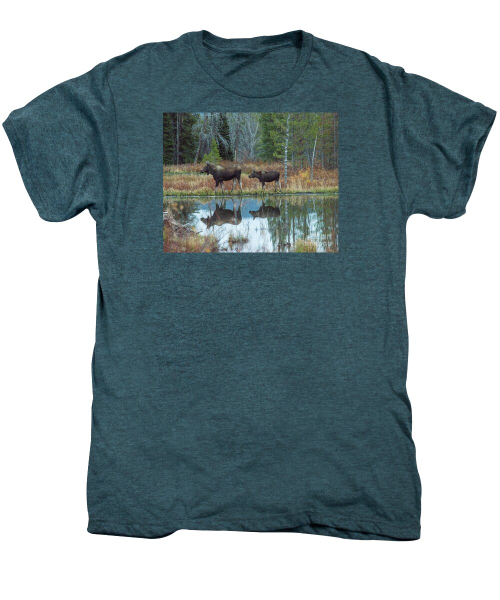 Two Moose Men's Premium T-Shirt featuring the photograph Mother and Baby Moose Reflection by Rebecca Margraf
