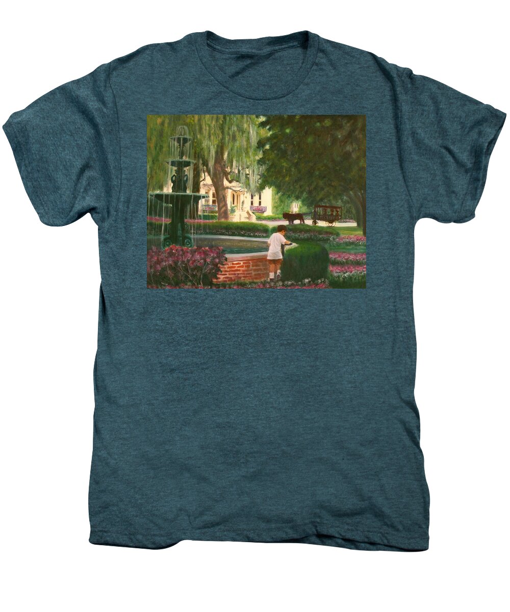 Savannah; Fountain; Child; House Men's Premium T-Shirt featuring the painting Old And Young Of Savannah by Ben Kiger