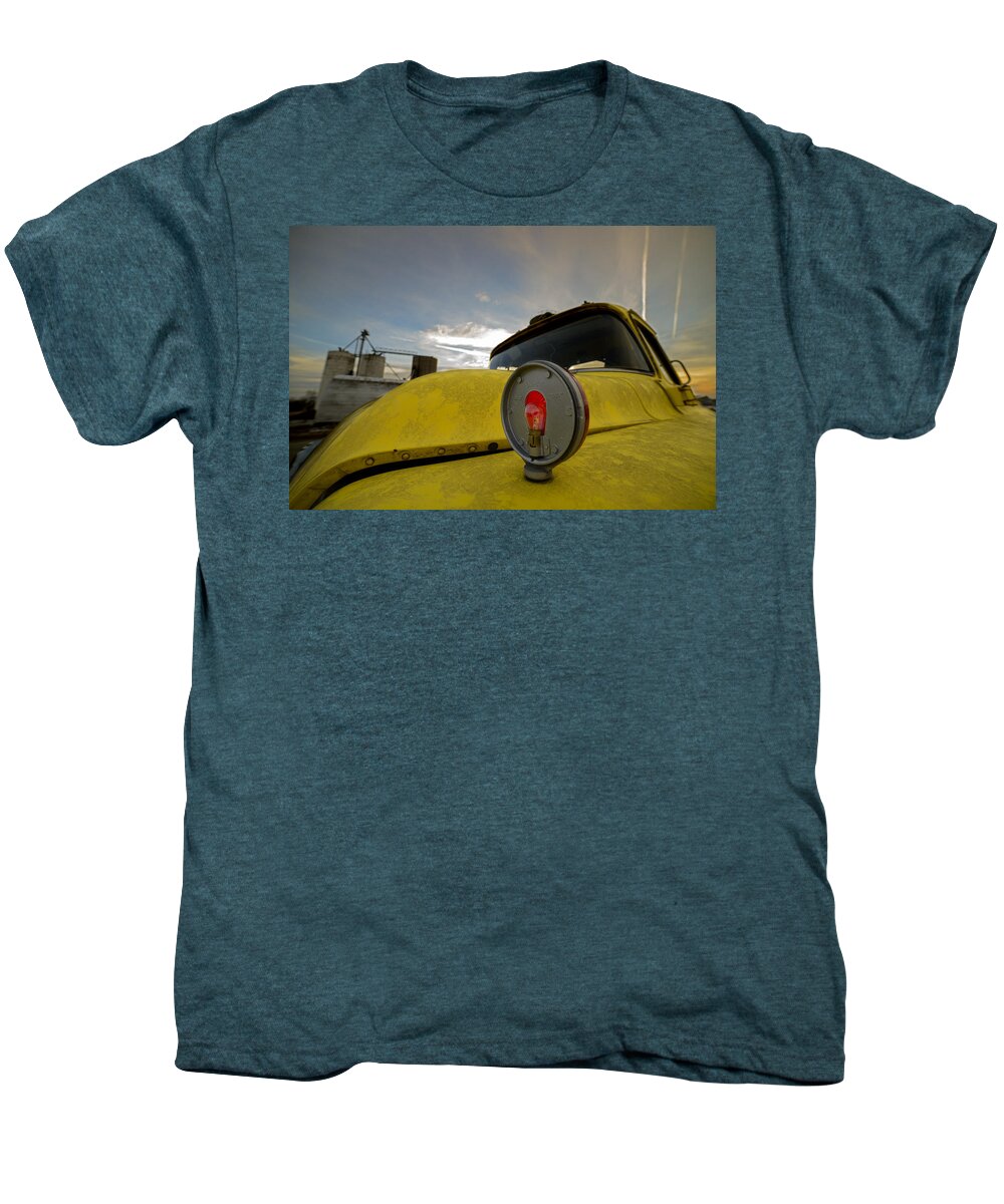 Chevy Men's Premium T-Shirt featuring the photograph Old Chevy Truck with Grain Elevators in the Background by Art Whitton