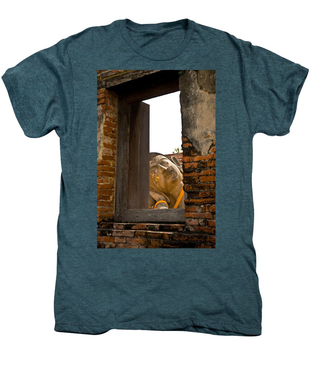 Ancient Men's Premium T-Shirt featuring the photograph Reclining Buddha view through a window by U Schade