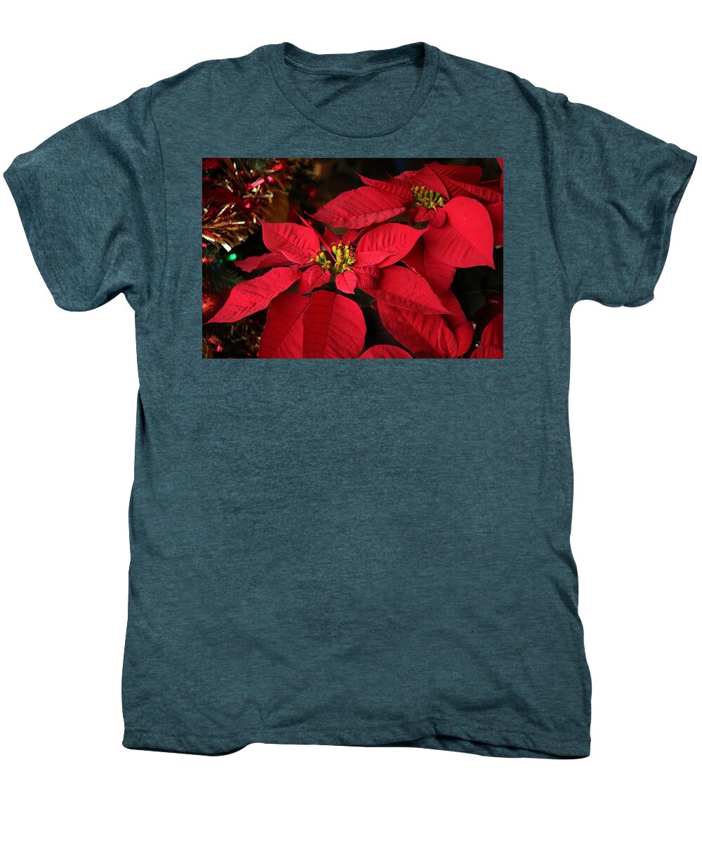 Red Men's Premium T-Shirt featuring the photograph Red Poinsettia and Tinsel by Sheila Brown