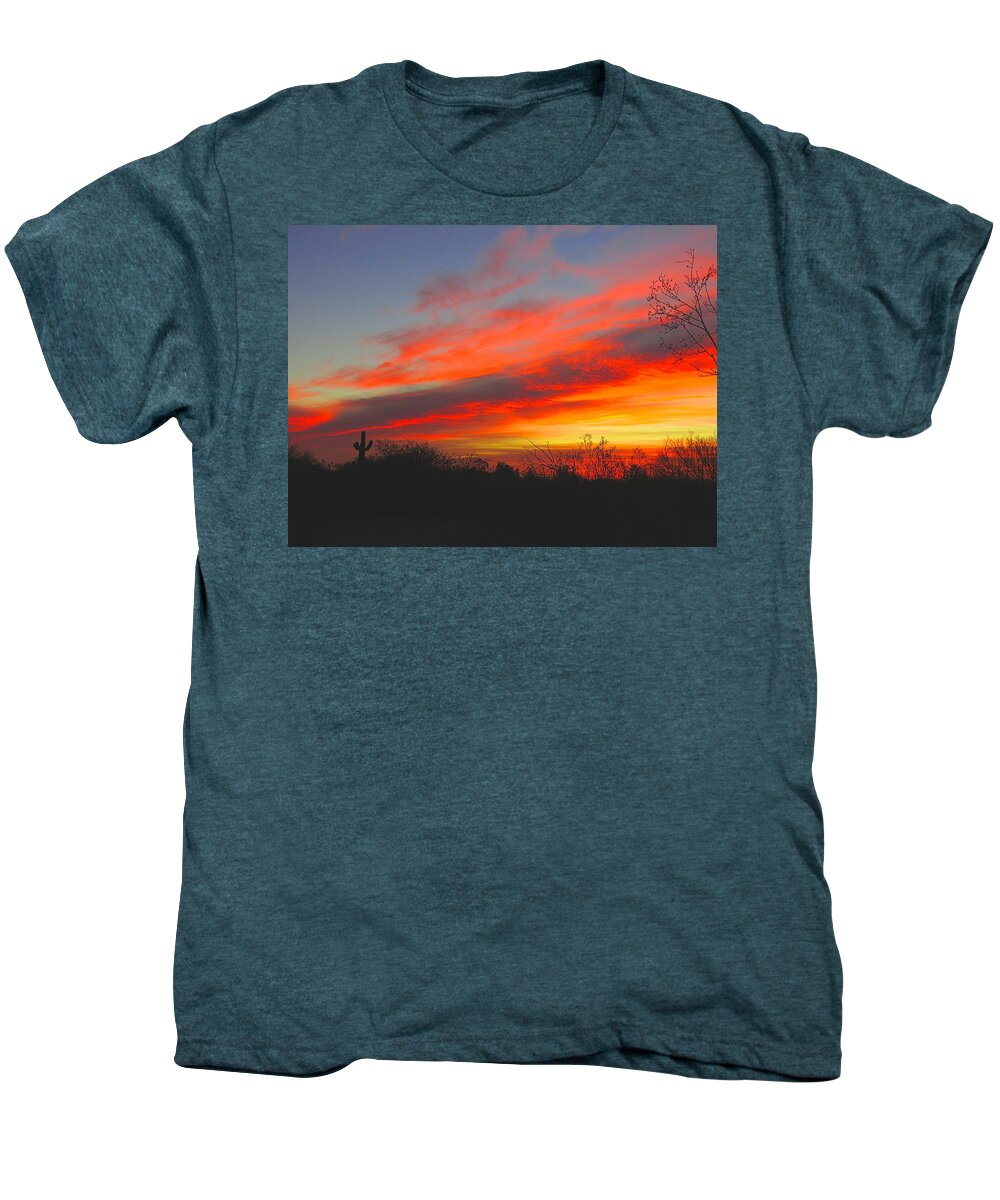 Arizona Men's Premium T-Shirt featuring the photograph Saguaro Winter Sunrise by Judy Kennedy
