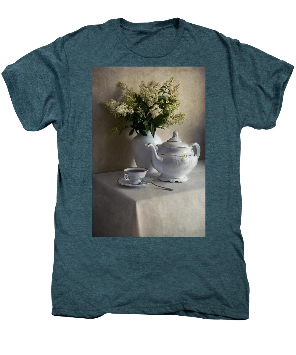 Still Life Men's Premium T-Shirt featuring the photograph Still life with white tea set and bouquet of white flowers by Jaroslaw Blaminsky