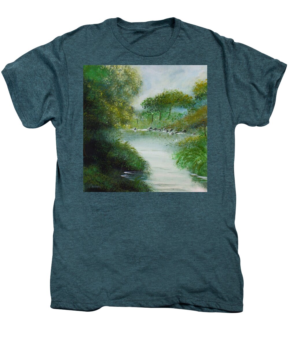 River Water Trees Clouds Leaves Nature Green Men's Premium T-Shirt featuring the painting The River by Veronica Jackson