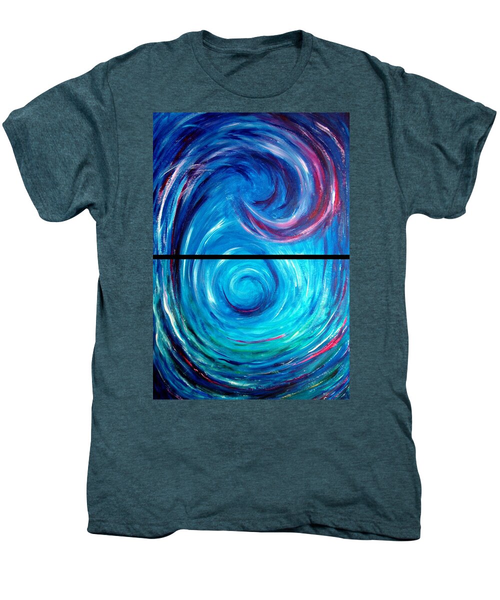 Blue Men's Premium T-Shirt featuring the painting Windwept Blue Wave and Whirlpool Diptych 1 by Nancy Mueller