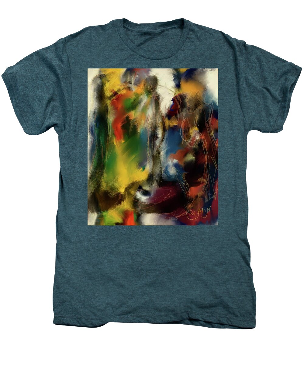 Abstract Men's Premium T-Shirt featuring the painting Abstract of three female figures dancing in a multicolored tapestry background circle life draw by MendyZ