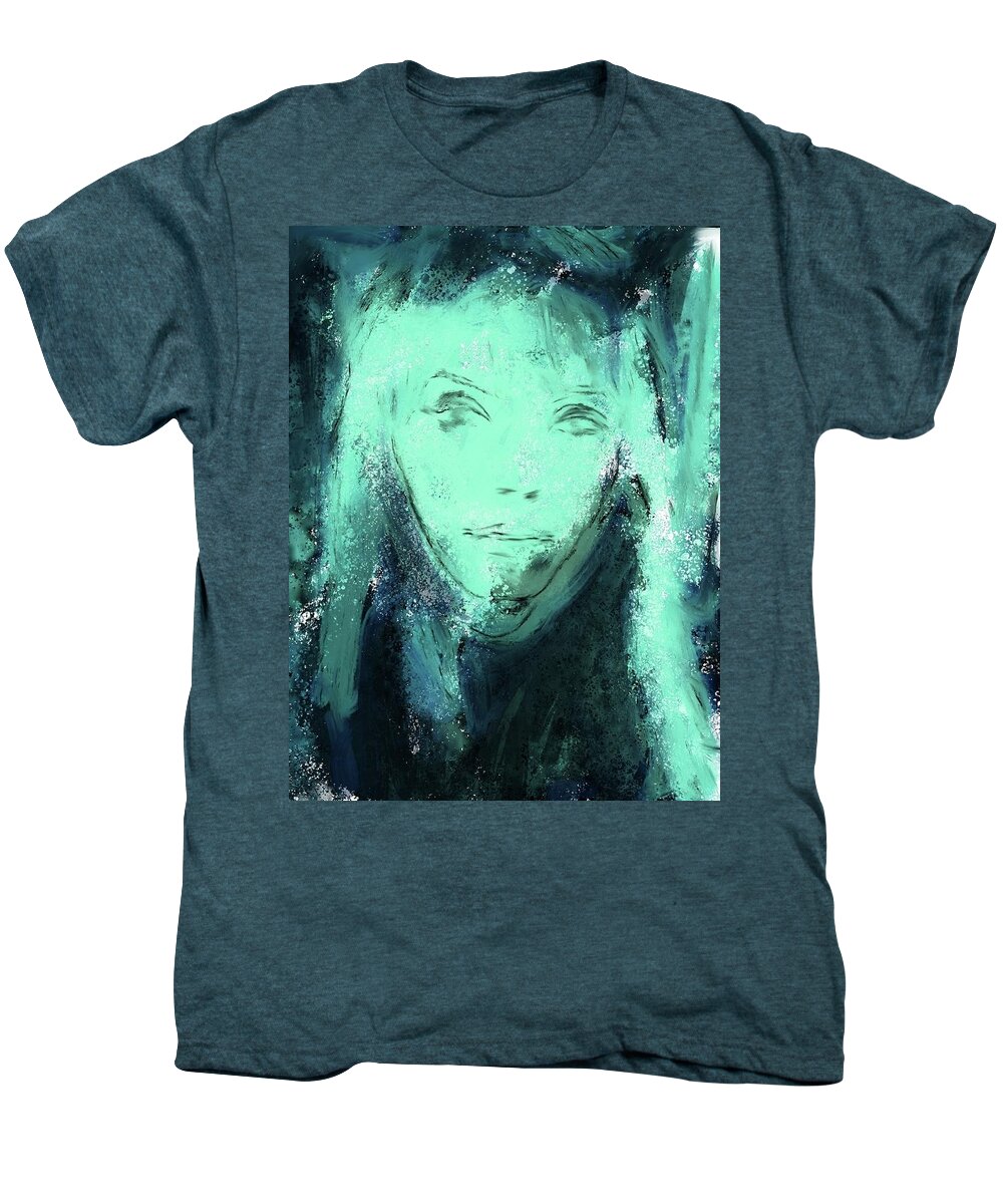 Lady Liberty Men's Premium T-Shirt featuring the painting Lady Statue Of Liberty Sea Foam Of Chaos Woman Underwater Existence Hand Mermaid Ocean Currents Art by MendyZ