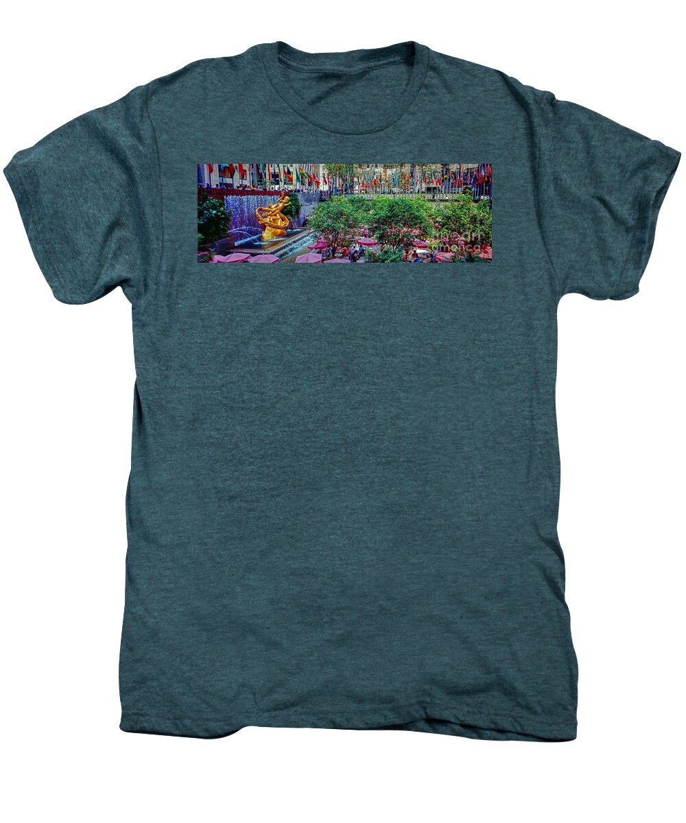 Rockefeller Men's Premium T-Shirt featuring the photograph Rockefeller Plaza New York City Summer cafe and fountain by Tom Jelen