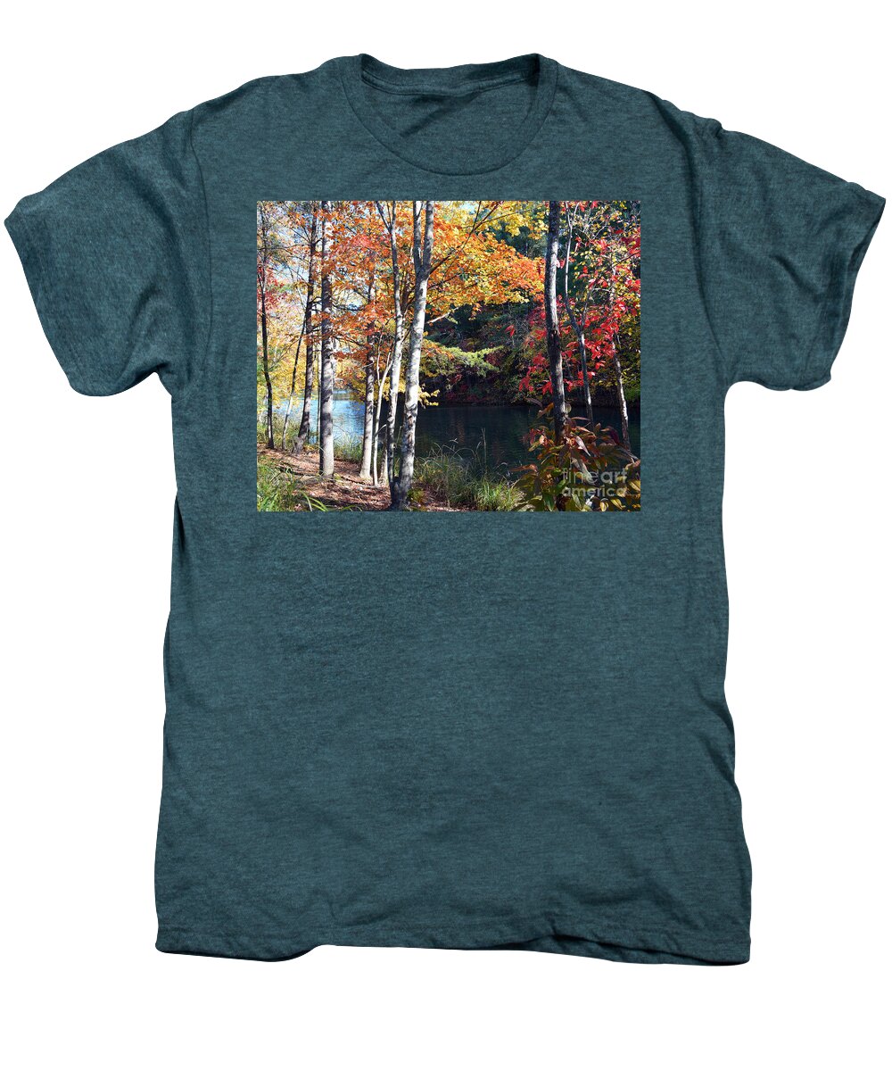Fall Autumn Autumnal Leaf Leaves Tree Trees Forest Lake Lakes Nature Landscapes Season Seasonal Pond Ponds Wooded Woods Path Paths Men's Premium T-Shirt featuring the photograph Splendor in the Fall by Li Newton