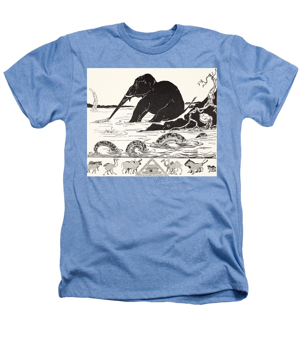 Roots Heathers T-Shirt featuring the drawing The Elephant's Child having his nose pulled by the Crocodile by Joseph Rudyard Kipling