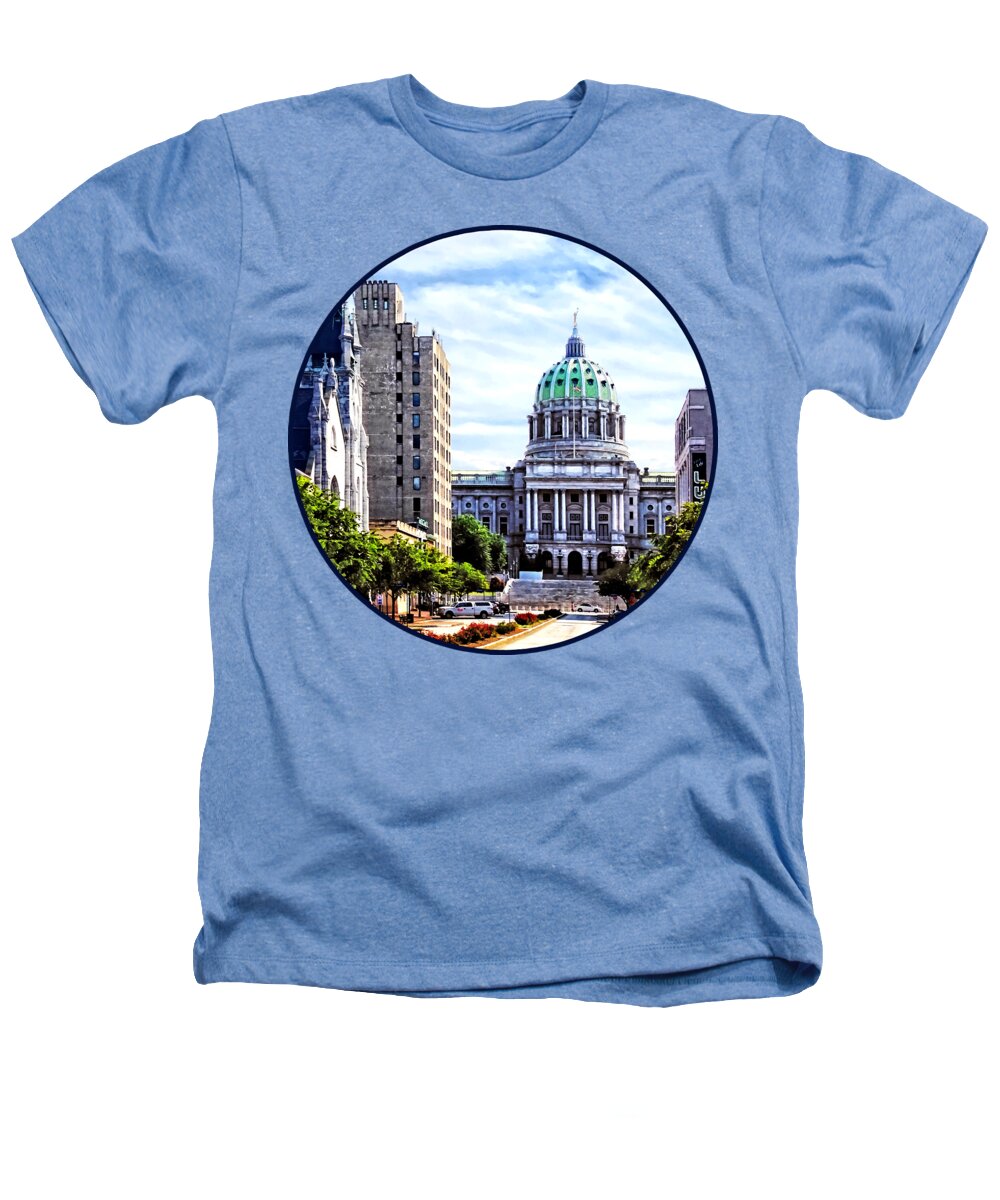 Harrsiburg Heathers T-Shirt featuring the photograph Harrisburg PA - Capitol Building Seen from State Street by Susan Savad