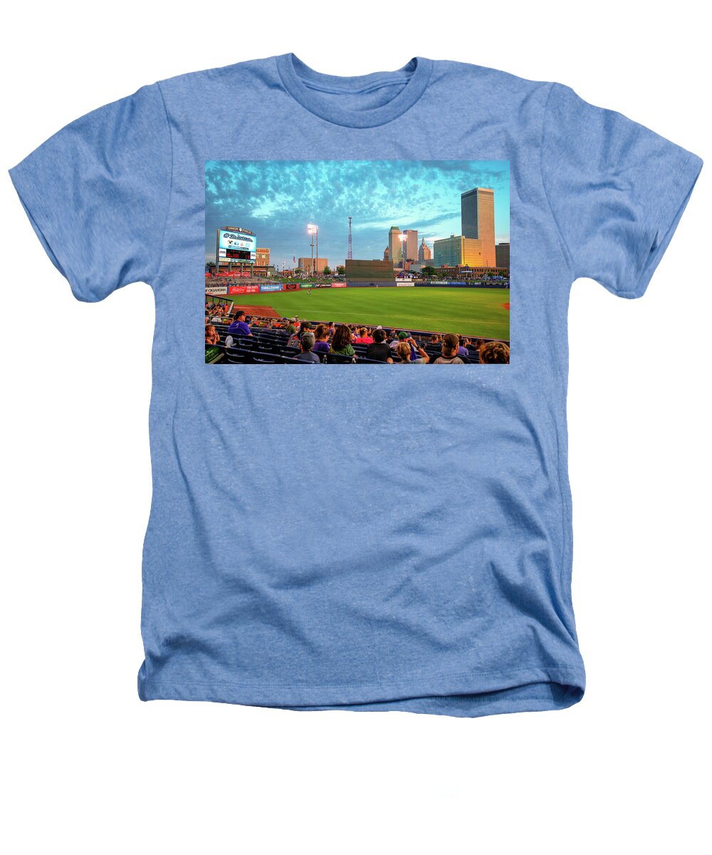 Tulsa Oklahoma Heathers T-Shirt featuring the photograph Tulsa Oklahoma Baseball Stadium Skyline Sunset View by Gregory Ballos