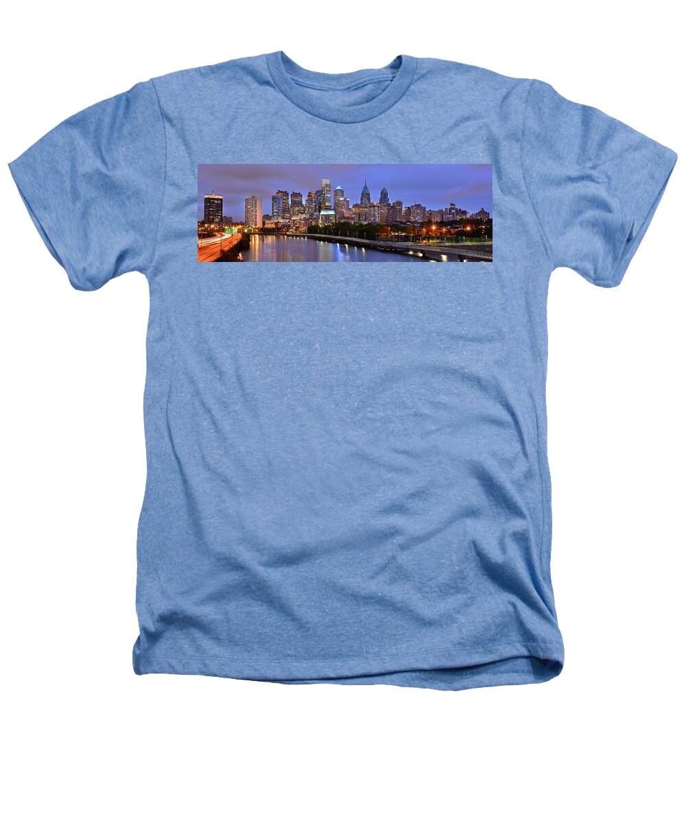 Philadelphia Skyline Dusk Heathers T-Shirt featuring the photograph Philadelphia Philly Skyline at Dusk from near South Color Panorama by Jon Holiday