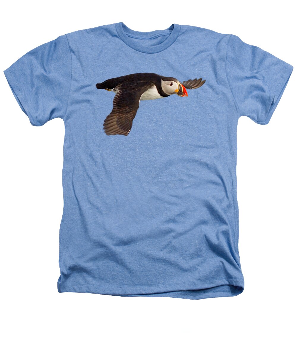Puffin Heathers T-Shirt featuring the photograph Puffin in flight T-shirt by Tony Mills