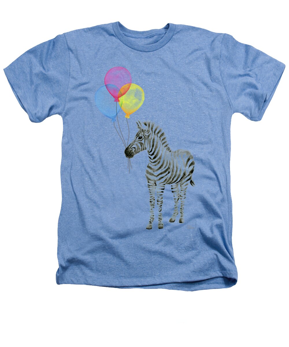Zebra Heathers T-Shirt featuring the painting Zebra Watercolor with Balloons by Olga Shvartsur