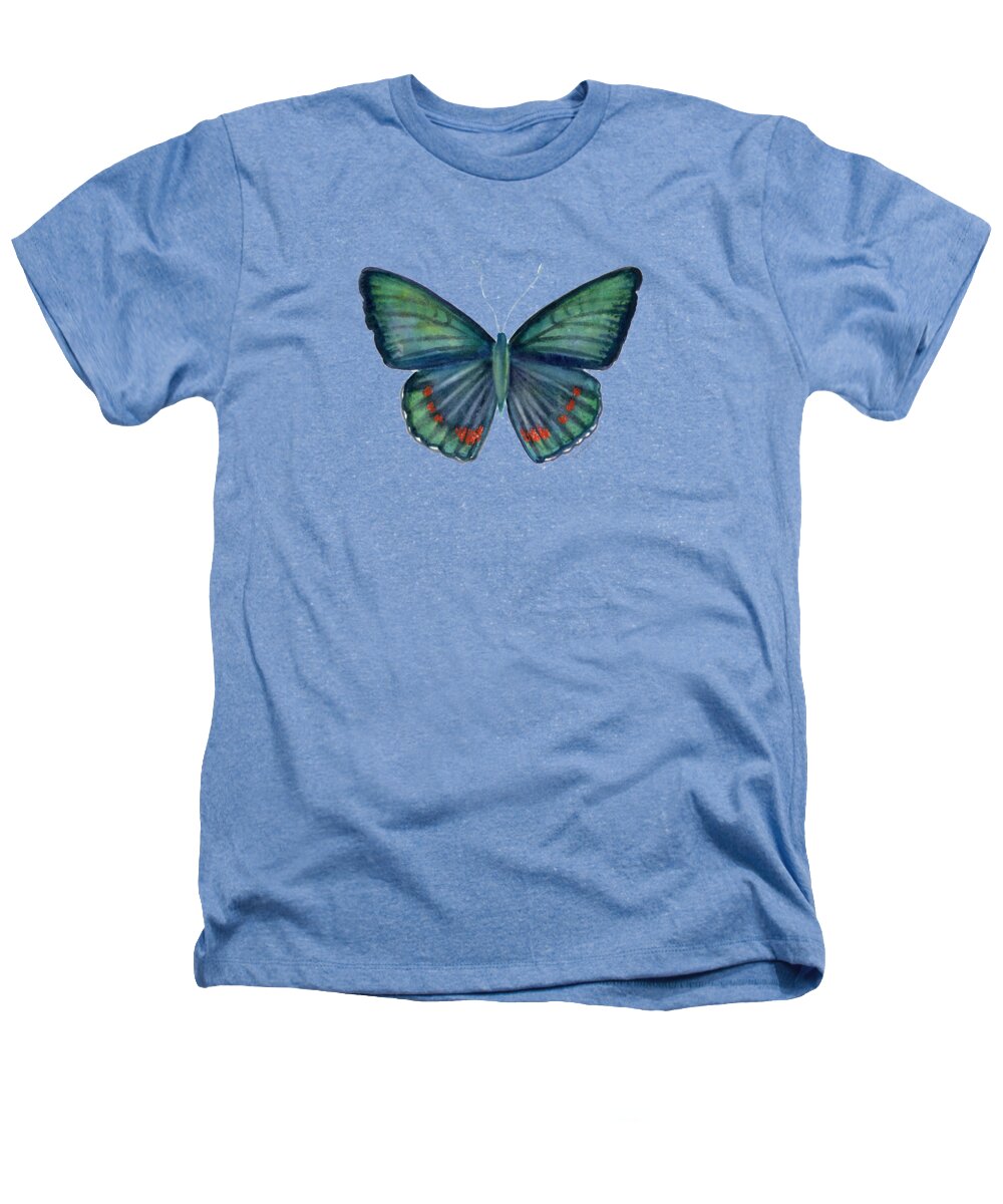 Teal Green Butterfly Heathers T-Shirt featuring the painting 82 Bellona Butterfly by Amy Kirkpatrick