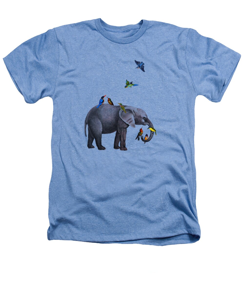Elephant Heathers T-Shirt featuring the digital art Elephant with birds illustration by Madame Memento
