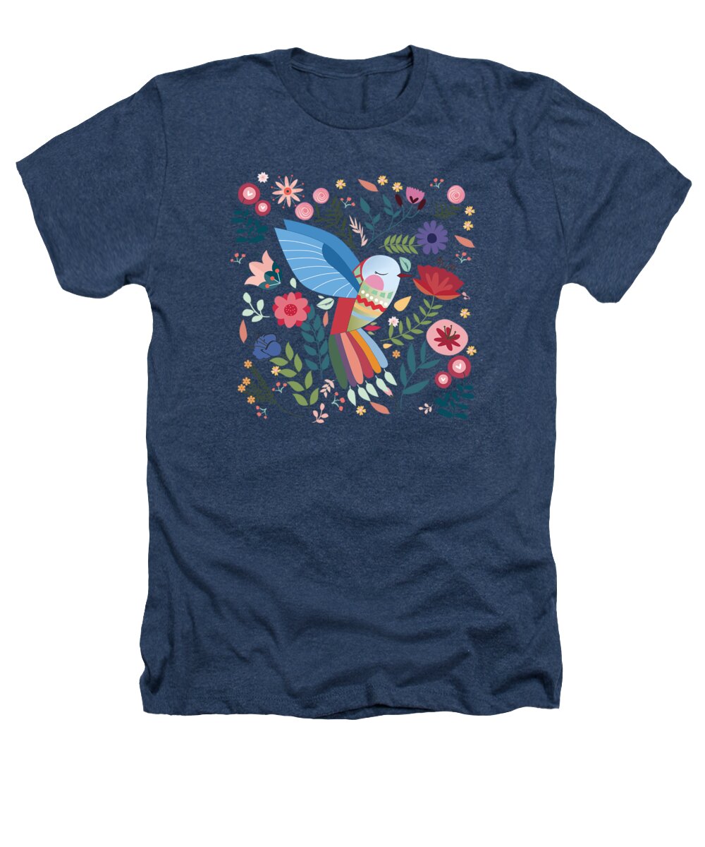 Painting Heathers T-Shirt featuring the painting Folk Art Inspired Hummingbird With A Flurry Of Flowers by Little Bunny Sunshine