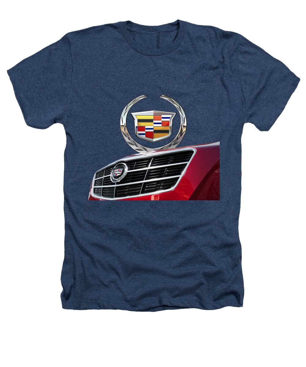 'auto Badges' By Serge Averbukh Heathers T-Shirt featuring the photograph Red Cadillac C T S - Front Grill Ornament and 3D Badge on Black by Serge Averbukh