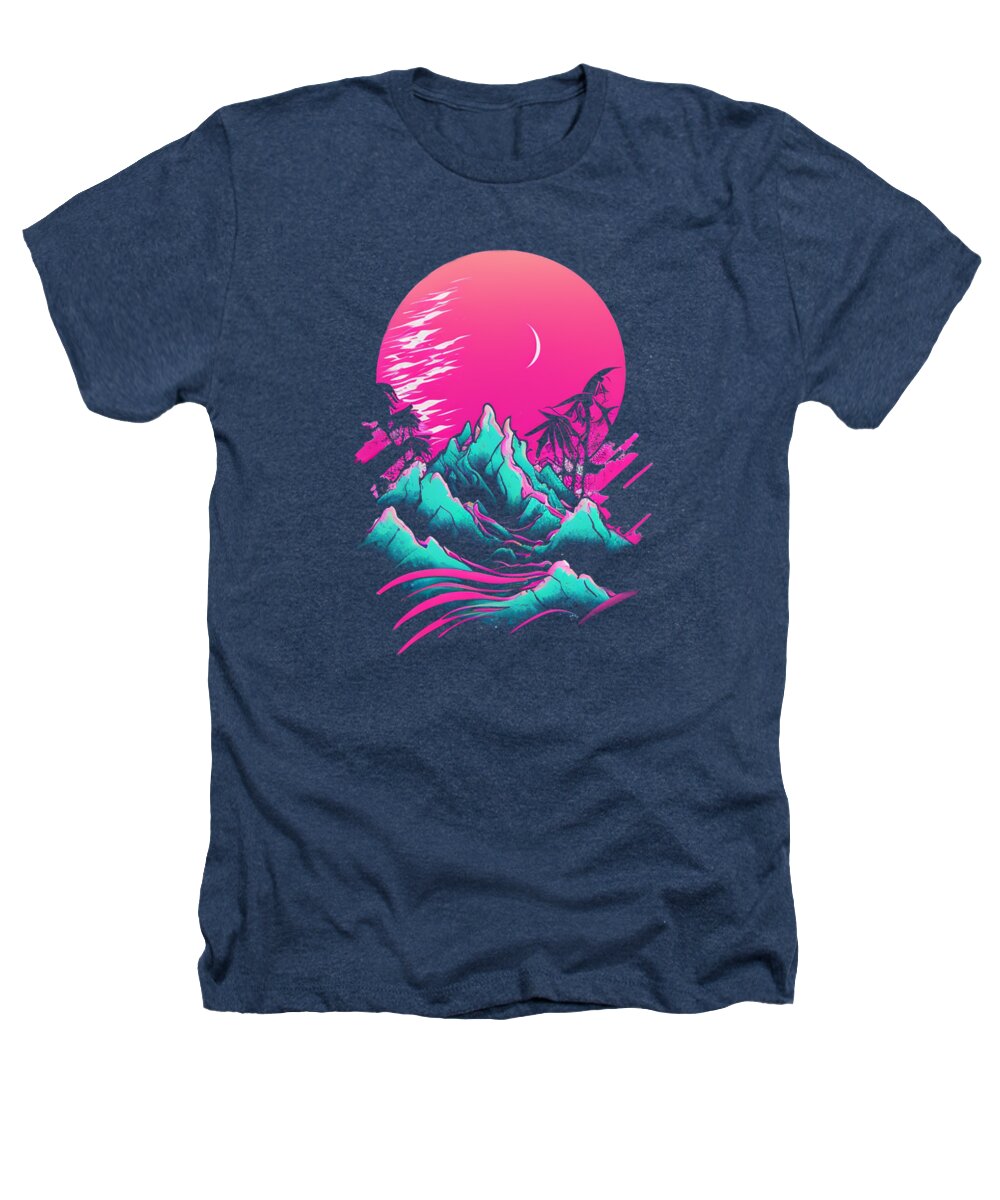 Vaporwave Heathers T-Shirt featuring the digital art Vaporwave Abstract Landscape Moon Tree Waterfall Blue Purple #5 by Toms Tee Store