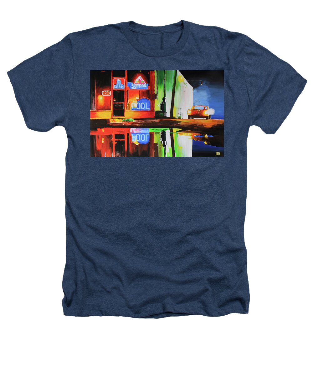 Brooklyn Heathers T-Shirt featuring the painting Brooklyn Cafe at Night by Dan Haraga