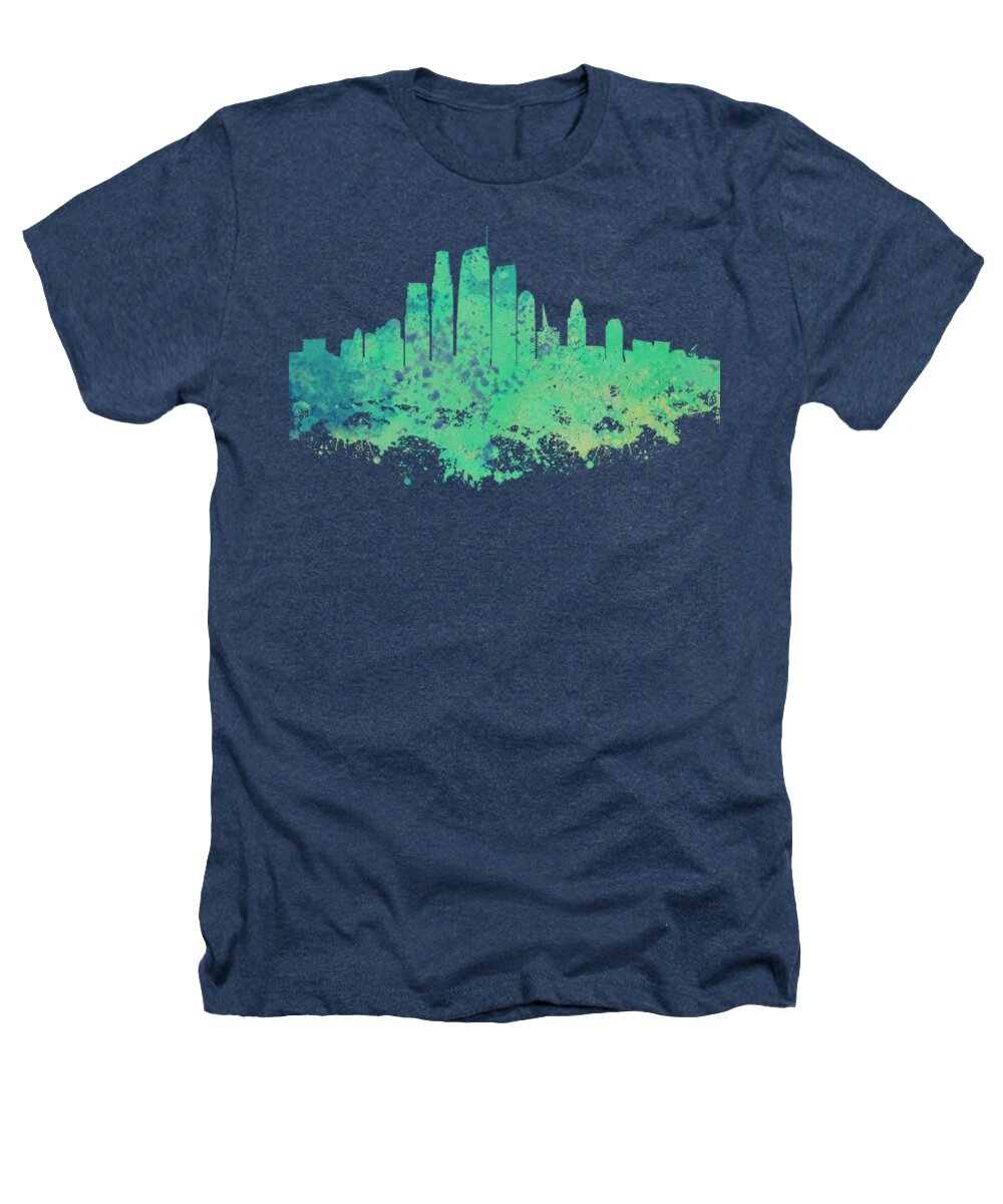 Los Angeles Heathers T-Shirt featuring the digital art Los Angeles City Skyline - Mint Green Watercolor on Black Background by SP JE Art