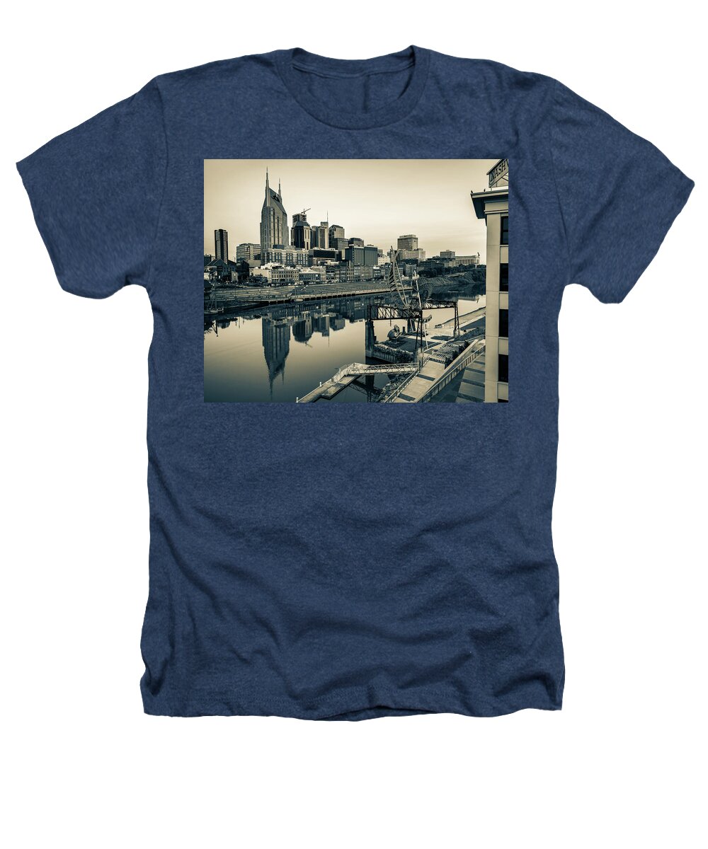 Nashville Skyline Heathers T-Shirt featuring the photograph Nashville Skyline Over The Cumberland River - Sepia Edition by Gregory Ballos
