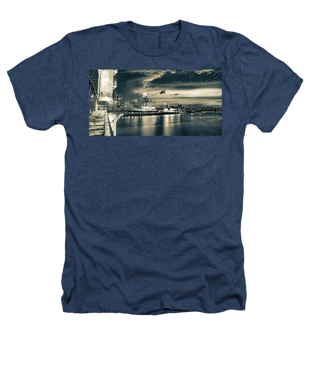 Cincy Skyline Heathers T-Shirt featuring the photograph Panoramic John Roebling Bridge View Of Downtown Cincinnati Ohio - Sepia Edition by Gregory Ballos